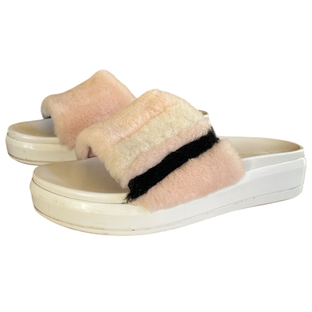 Prada fur slides in pink black and white
